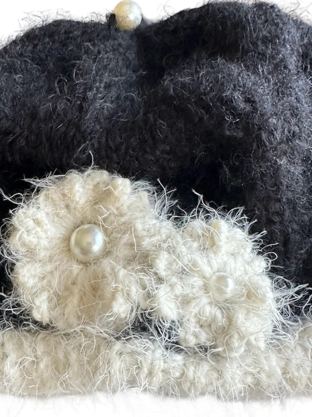 Slouch Beret Beanie Hat Designer “ Hand Knits 2 Love” Flowers Pearl Black White